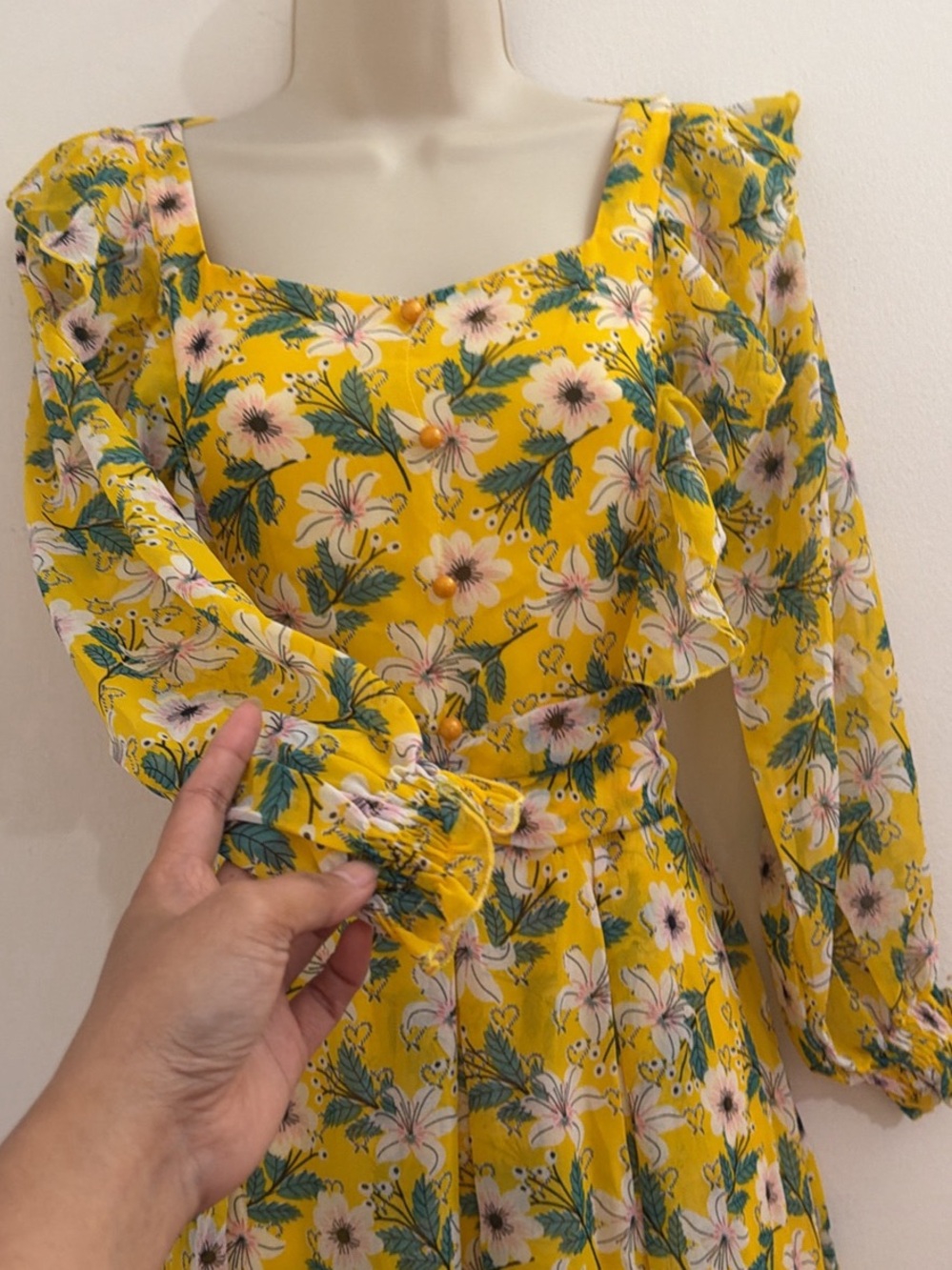 Yellow Floral Long Sleeve Midi Dress can fit s and m - Picture 5 of 7